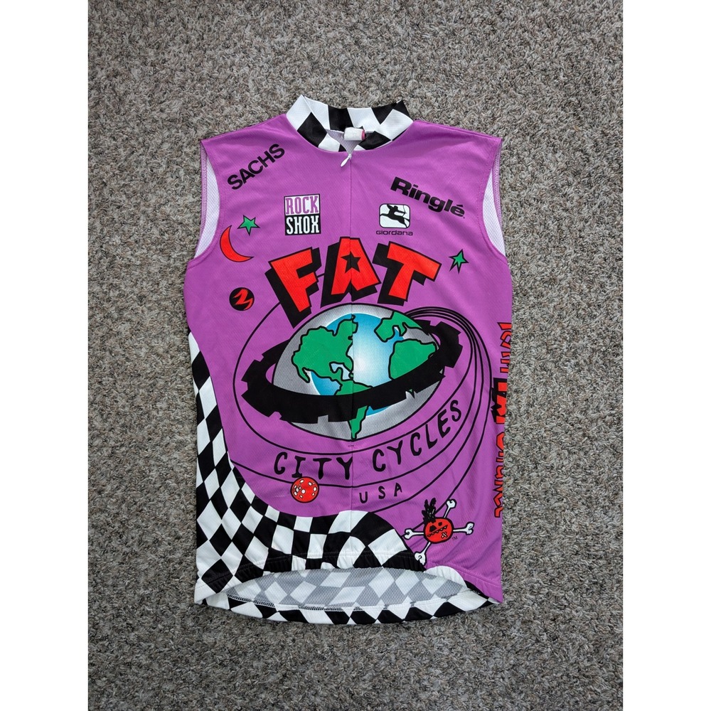 Vintage Giordana Fat City Cycles Cycling Jersey Mens Small Purple Sleeveless MTB